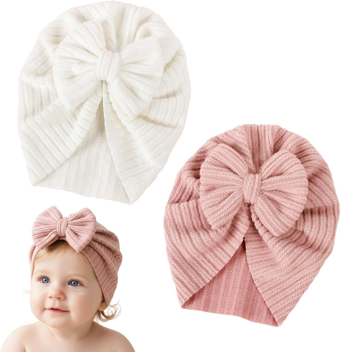 2 Pezzi Cappellino Neonato, Morbido, Cappellini Turbante per Neonati Con Fiocco, Berretti e Cappellini per Bambino per - ShopVlot