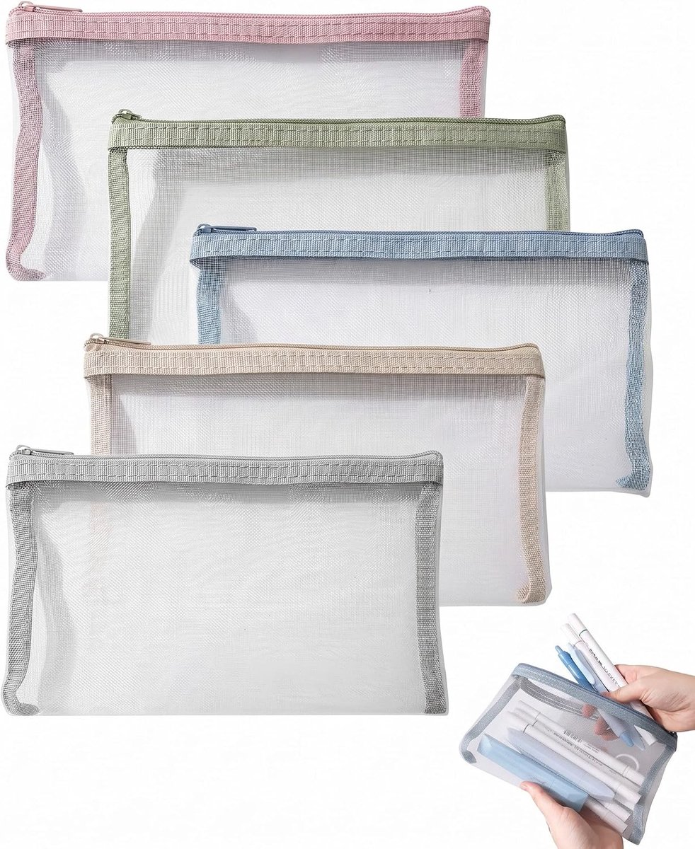 5-piece transparent mesh case, small pencil case and multifunctional bag, instant visibility of the tool for study and - ShopVlot