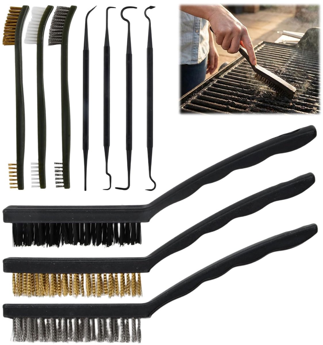 Set van 10 kleine metalen borstels - messing en staal draad - plastic handgreep - ideaal voor het reinigen van lassen - ShopVlot