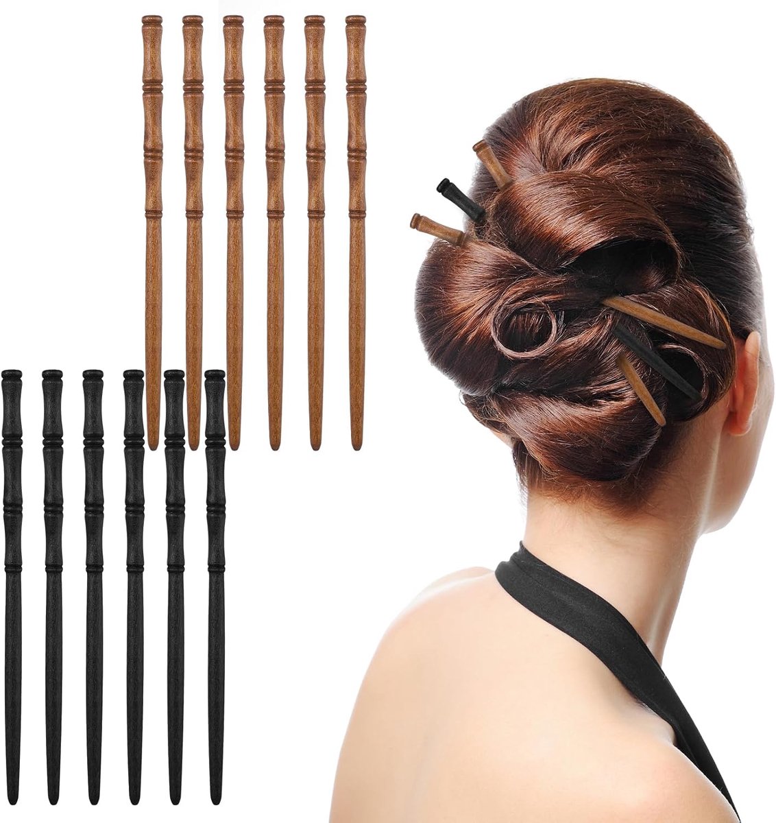 Houten Haarstokken 12 Stuks - Retro Bamboo Vorm - Lichtgewicht en Stevig - Perfect voor Buns en Haarstyling - ShopVlot