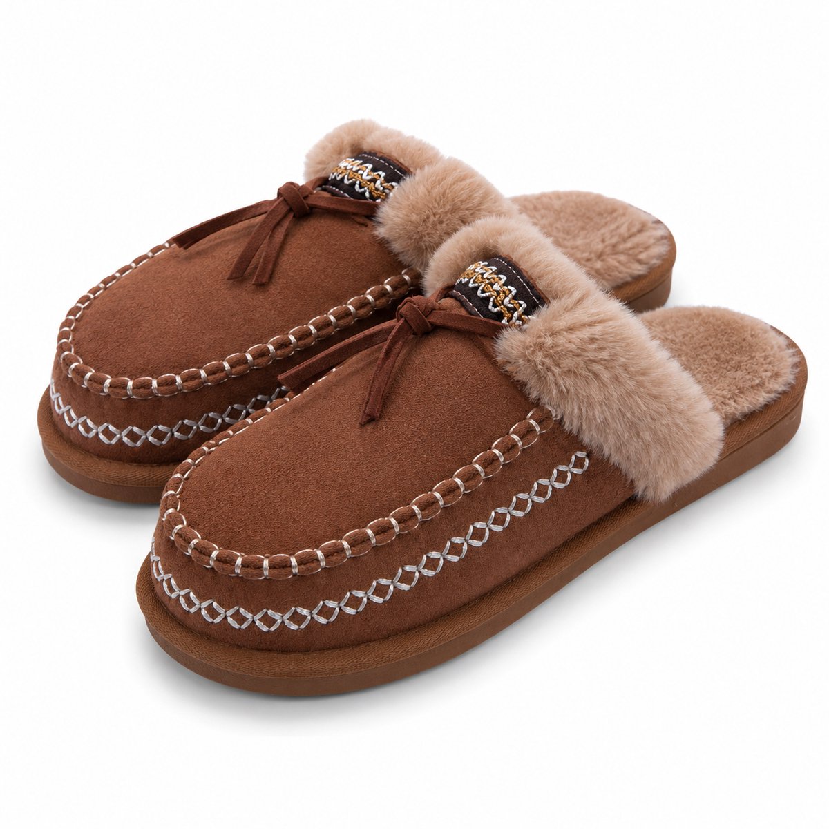 Pantoffels Dames Sloffen – Warme Huisschoenen met Fluffy Voering – Suède Look – Antislip Zool – Maat 38- Chesnut