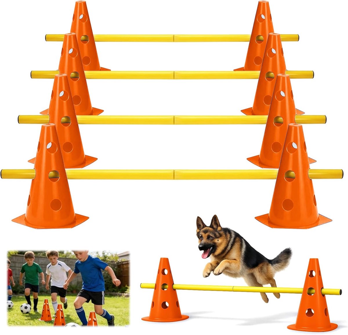 Steekhordenset 10 kegels - hoogte verstelbare agility obstakels - geschikt voor hondensport en voetbaltraining - ShopVlot