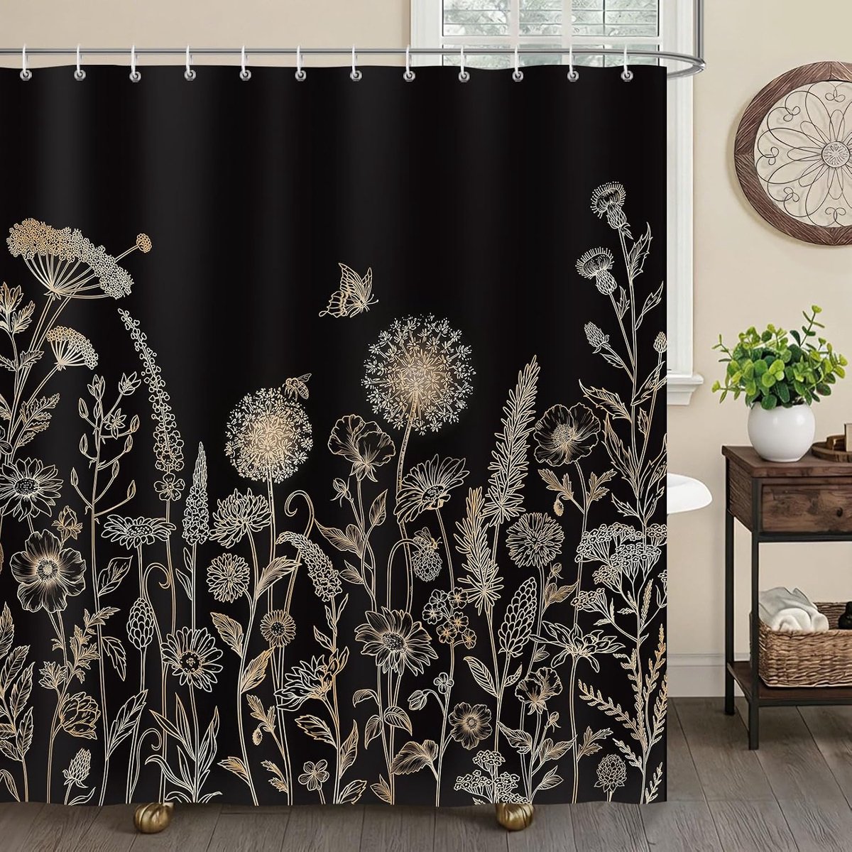 Douchegordijn 180 x 180 cm - Zwart goud bloemen - Waterdicht en schimmelbestendig - Creëert een mysterieuze sfeer - ShopVlot