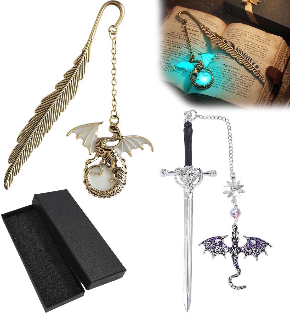 Solidchoice - Fantasy Dragon Boekenlegger met Metalen Kwast - Glimlicht in het Donker