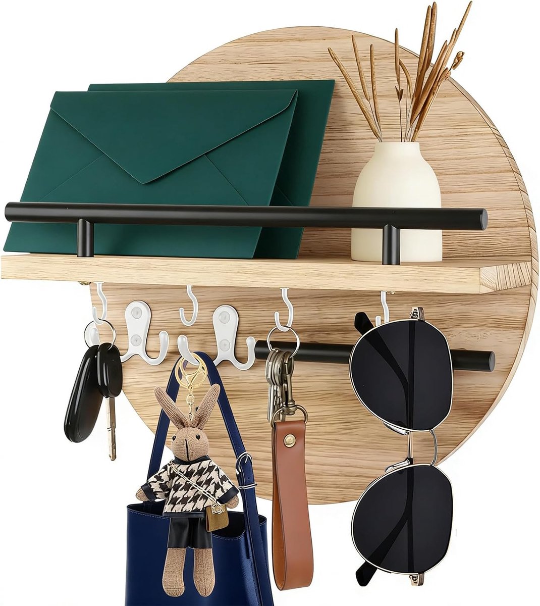 Sleutelkast met Plank - Ronde Houten Sleutelhanger - Vintage Afwerking - Perfect voor Woonkamer - ShopVlot