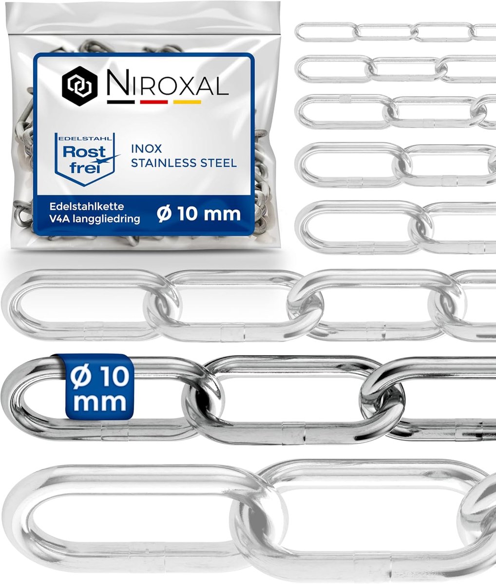 Staal ketting 25 cm - 10 mm dik - V4A roestvrij staal - Ideaal voor industriële toepassingen - ShopVlot