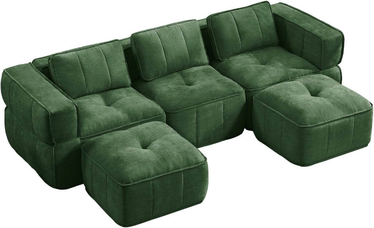 OKWISH U-bank 3-Zits Met 2 Hockers Modulsofa Met Diepe Zit, Zachte Polyester Bekleding En Zonder Montage Voor Woonkamer Groen