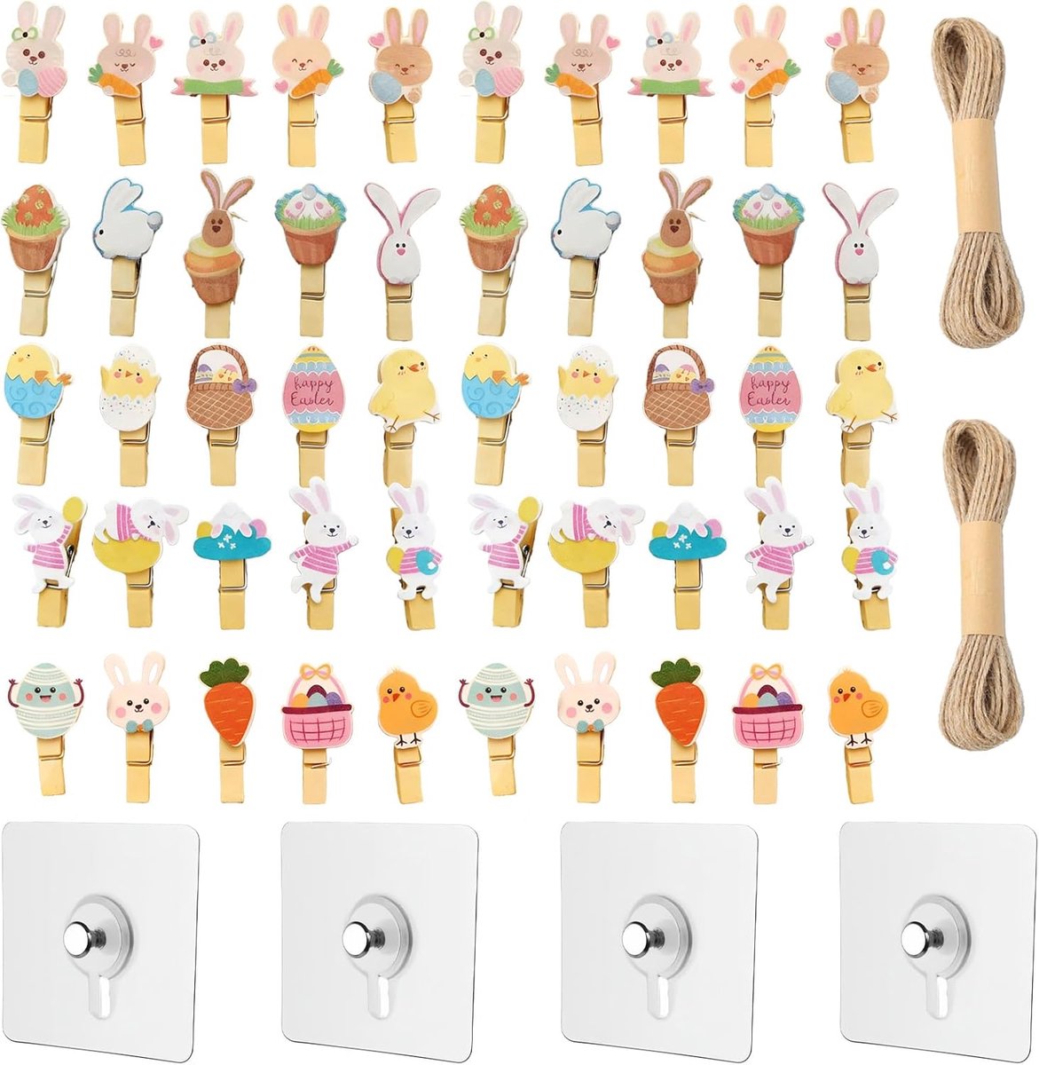 Paashaas wasknijpers set – 50 stuks met touw – plakstrips zonder boren – ideaal voor paasdecoraties - ShopVlot