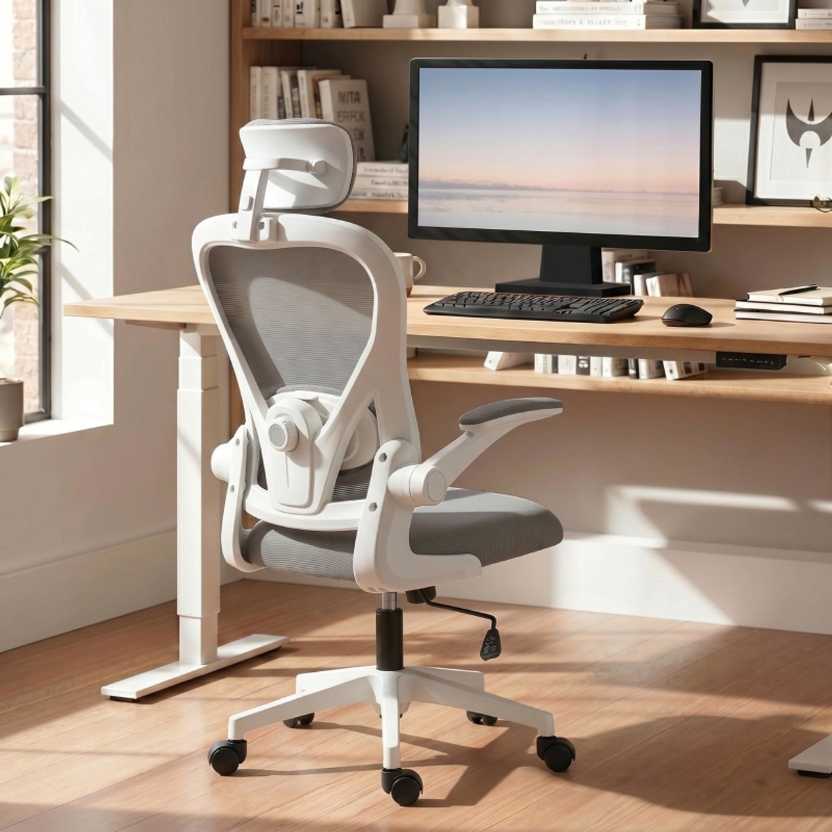 OKWISH Ergonomische Bureaustoel 64 x 63 x 115 125 cm Verstelbare Lendensteun Hoofdsteun Opklapbare Armleuningen Grijs Mesh
