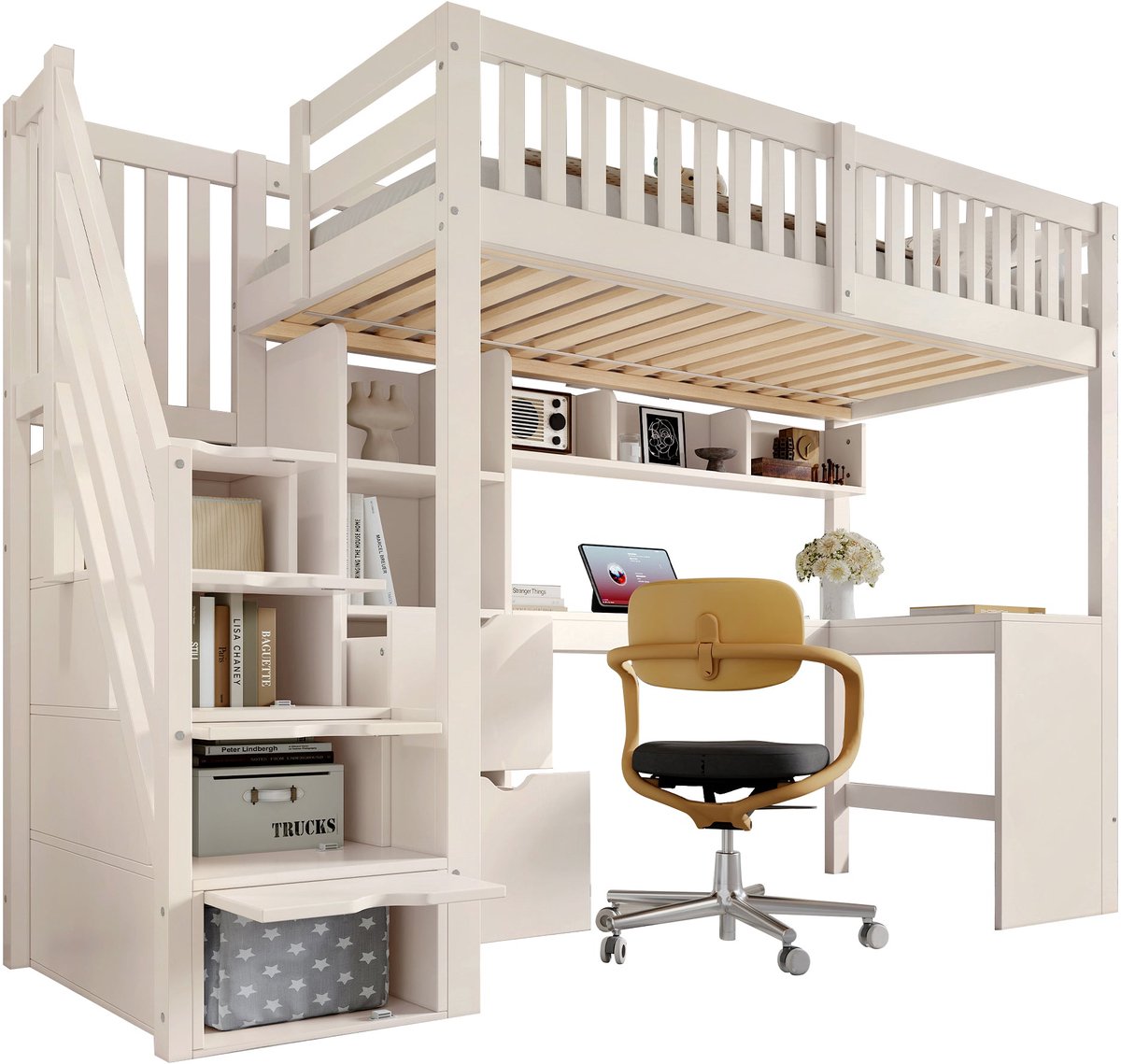 Merax Hoogslaper 90 x 200 cm - Wit - Kinderbed Met Hoekbureau - Opbergtrap - Schuifladen - Kast En Vakken - Zonder Matras