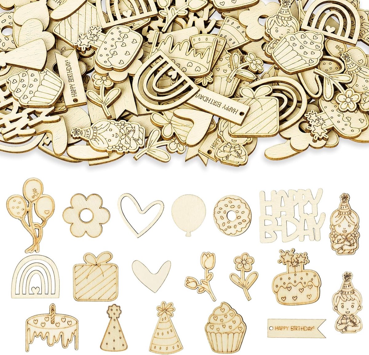 Houten verjaardag confetti 100 stuks - natuurlijke decoratie - diverse ontwerpen - feestelijke tafelversiering - ShopVlot