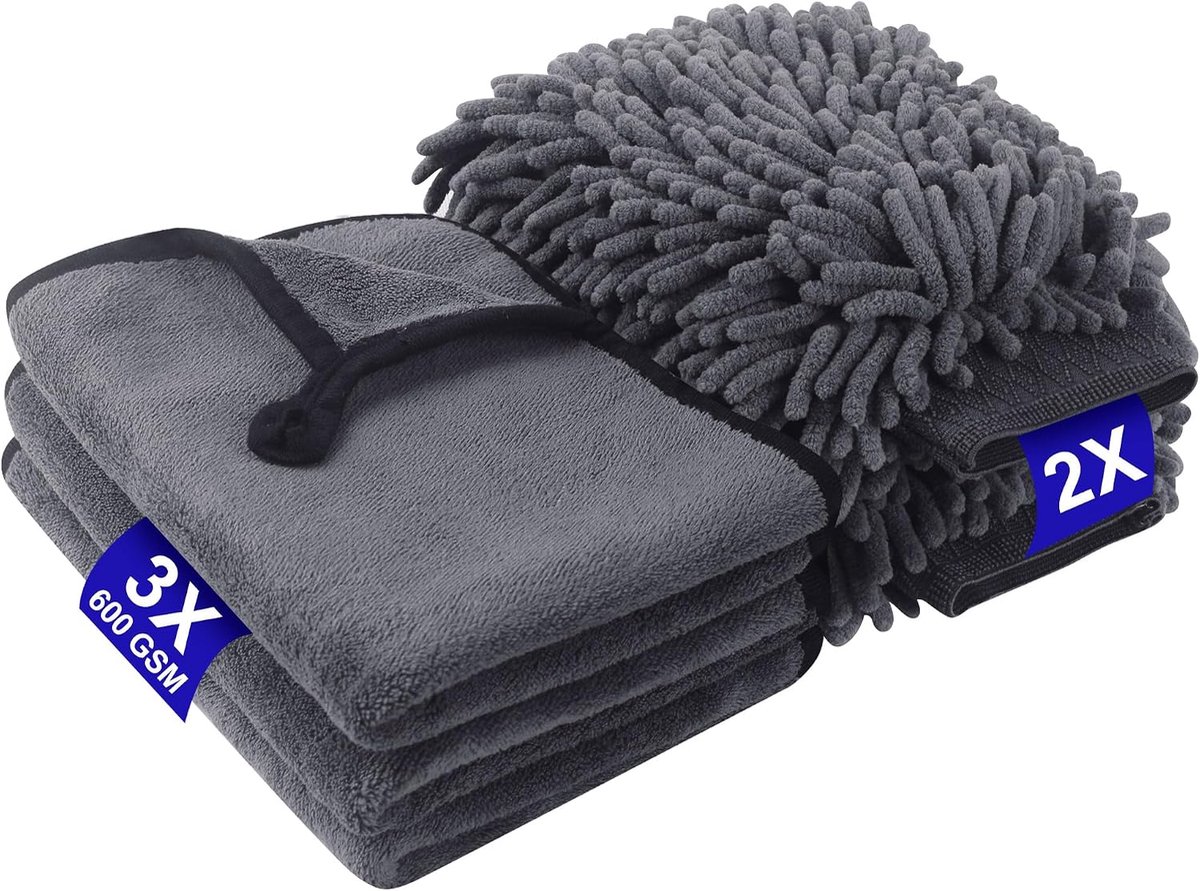 Auto reinigingsset 5-delig - 3 microvezeldoeken 600 g/m² - 2 dubbele washandjes - krasvrije autowas ervaring - ShopVlot