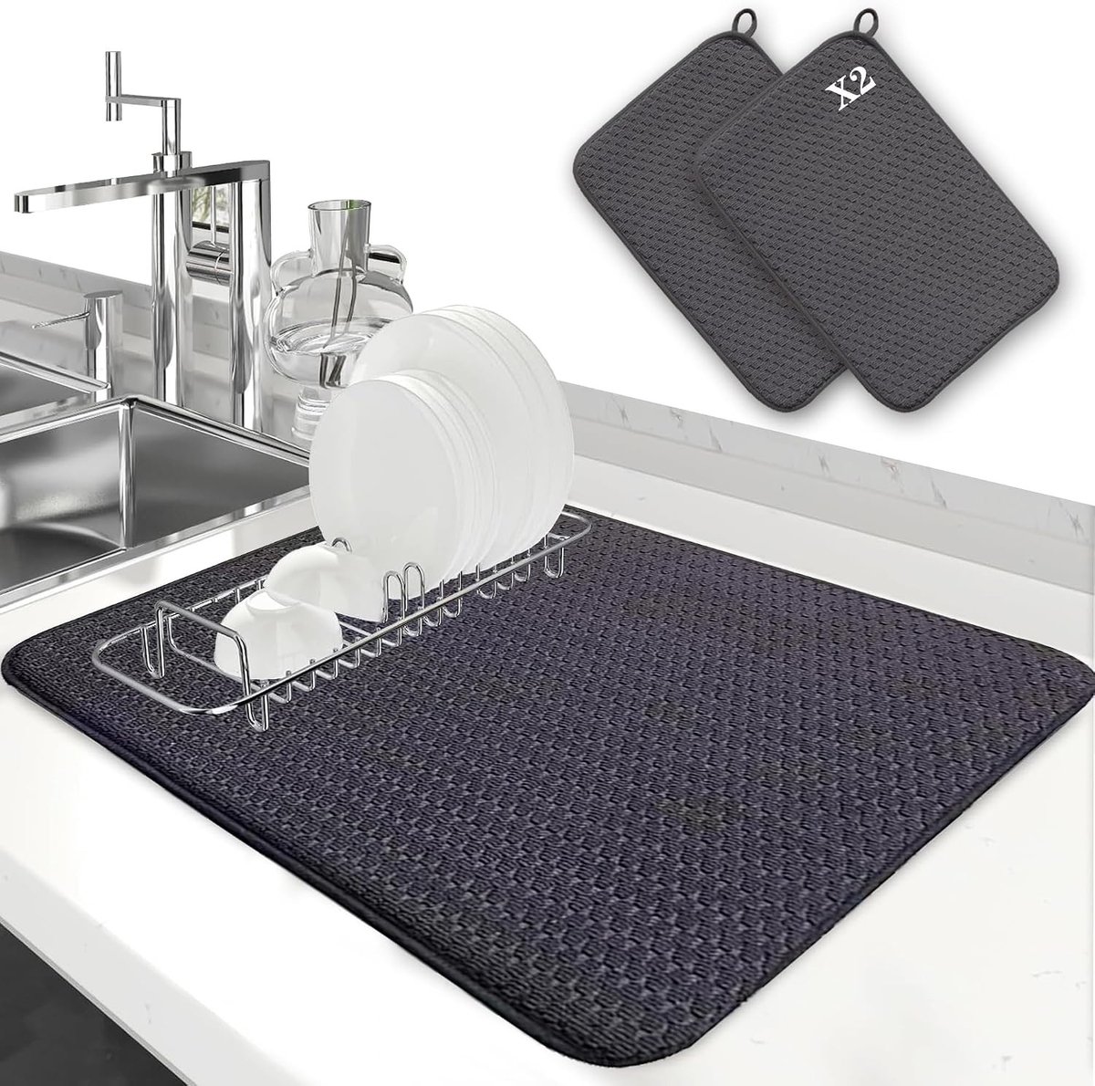 Afdruipmat voor Keuken - Zwart - 30 x 40 cm - Microvezel Droogmat voor Servies en Gootsteen