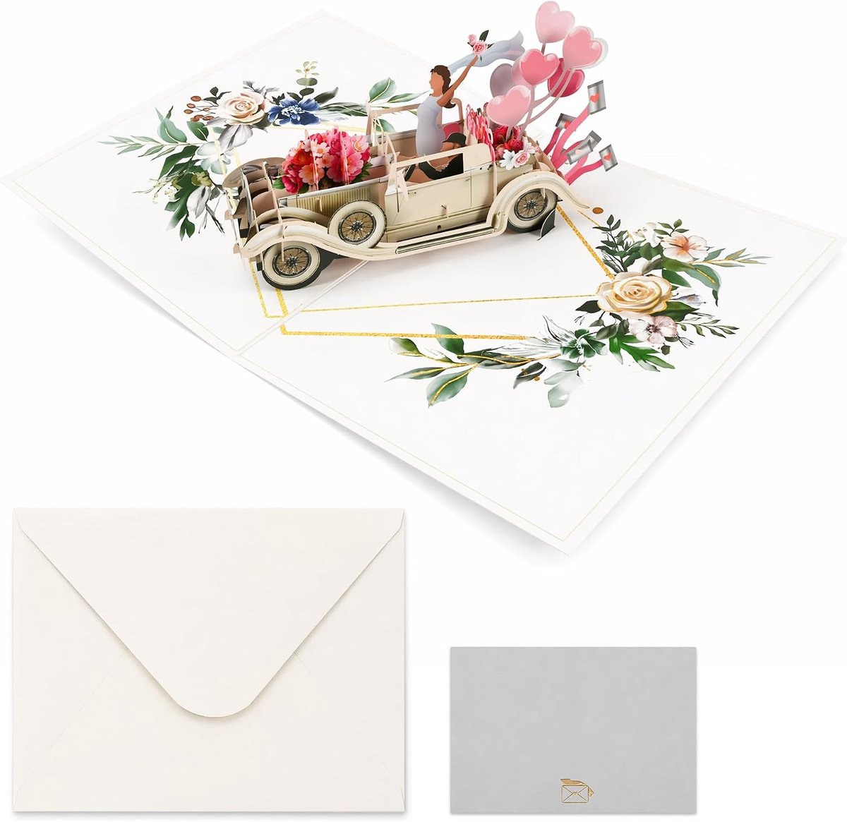 3D pop-up bruiloftskaart - elegante oldtimer - Just Married motief - origineel huwelijkscadeau - ShopVlot