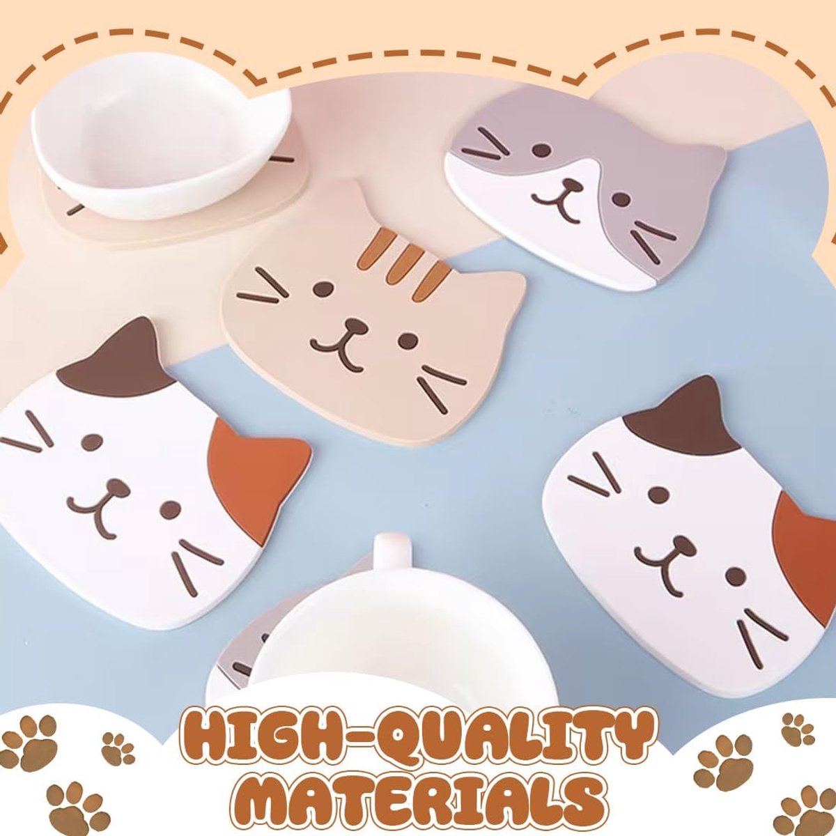 Onderzetters kattenvorm - 5 stuks - siliconen - temperatuurbestendig - beschermt meubels - ShopVlot