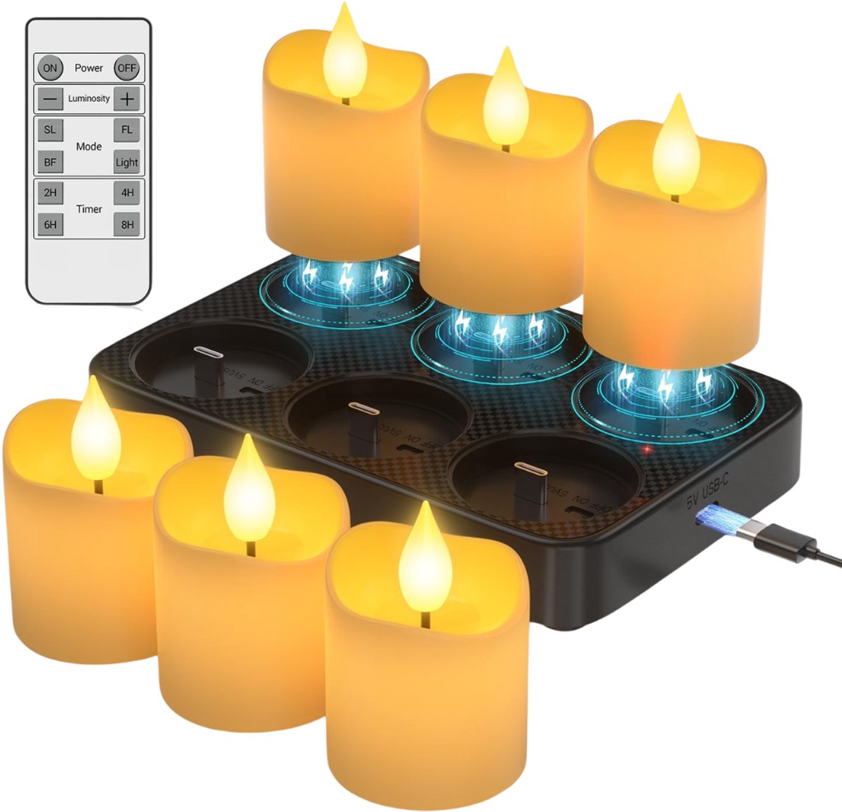 ZRNS® Elektrische Theelichtjes - Waxinelichtjes op Batterijen - LED Kaarsen - Flikkerende Vlam - Oplaadbaar - 6 Stuks