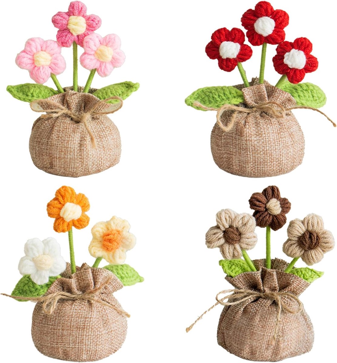 Gehaakte bloemen geluksbrengers - 4 stuks handgebreide bloemen - hoogwaardig katoen - ShopVlot