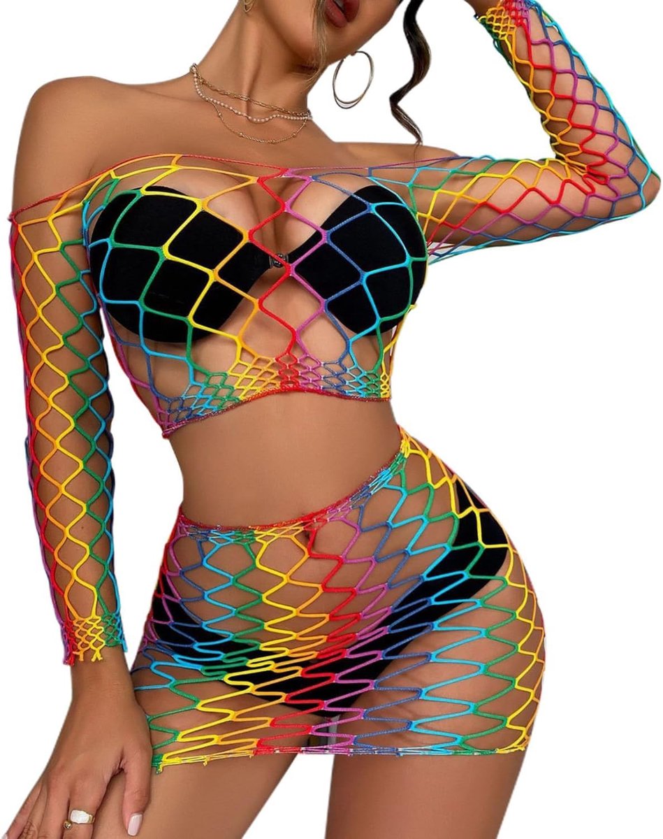 Sexy mesh-body voor dames, regenboogkleuren, nauwsluitend, ideaal voor festivals, raves, clubwear en erotische - ShopVlot