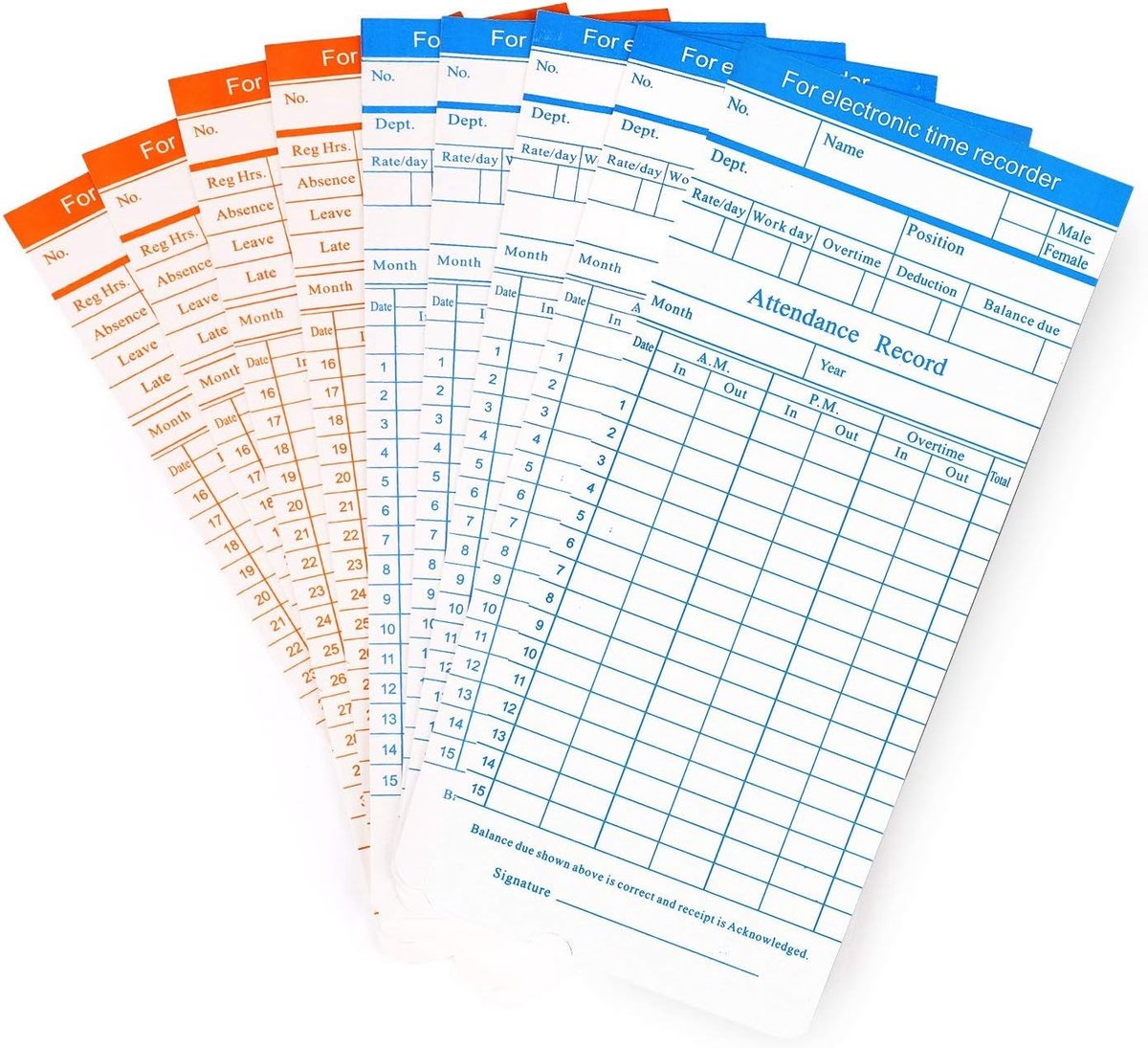 Flexzion Tijdkaarten, Maandelijks Timesheet, Klok Timecard - 270 Pack, 6 Column 2-zijdig Oranje/Blauw, Kaart voor Tijd - ShopVlot