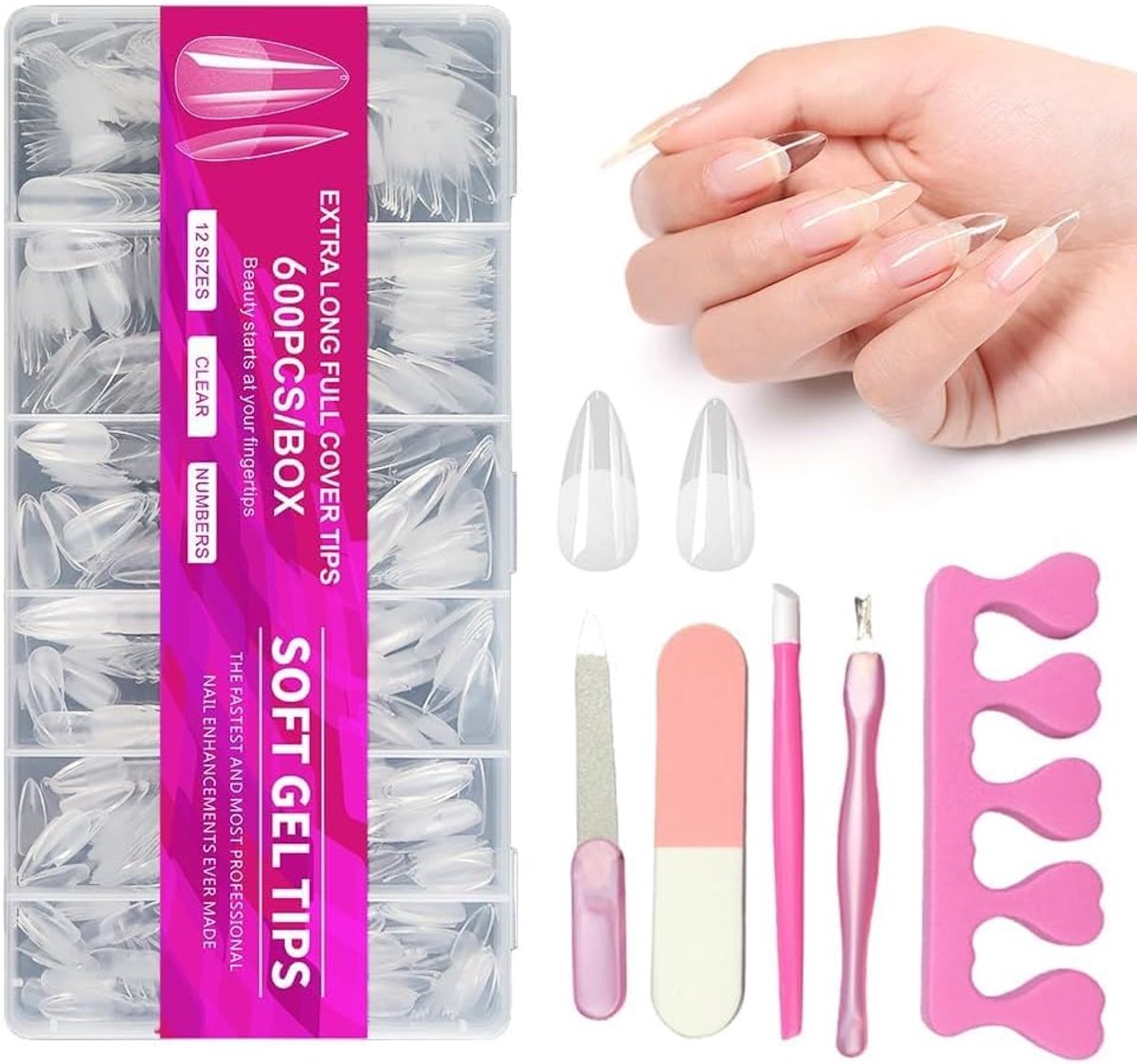 600 stuks zachte gelnageltips, full cover, amandel, korte amandel, nageltips voor gelnagels, press on nagels met 5 - ShopVlot