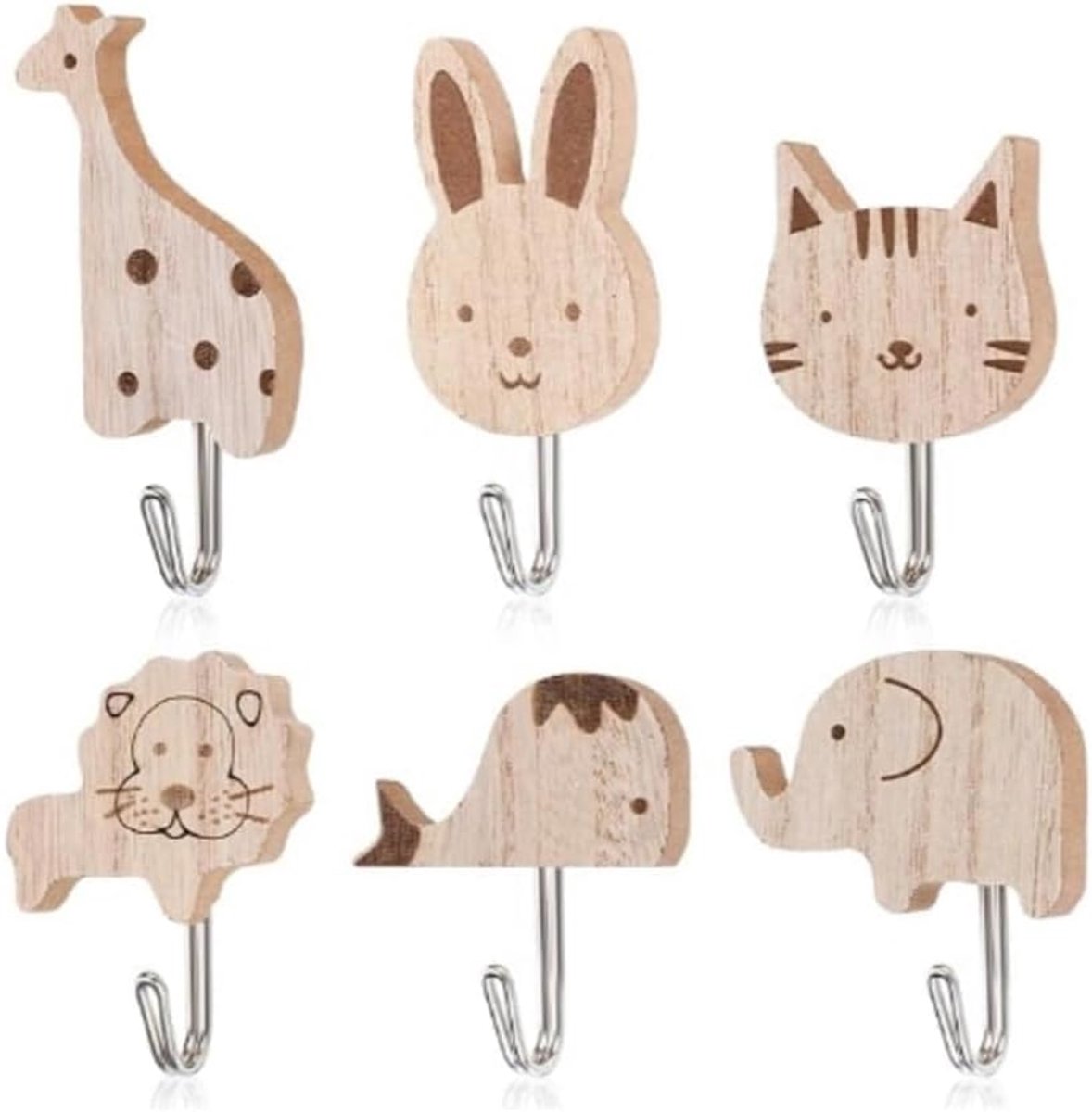 6 stuks wandhaken meisjes dieren zelfklevende wandhaken dieren houten kapstok meisje muur decoratie slaapkamer - ShopVlot