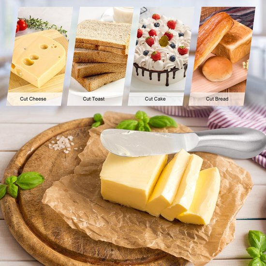 Boter messen: voor kaas, toast, cake, brood. Zilverkleurig botermes met boter op een plank.
