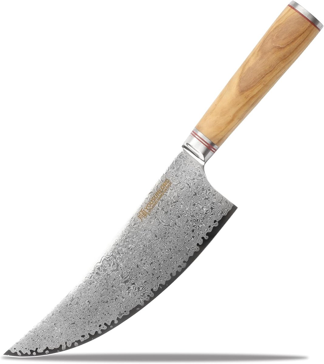 YOUSUNLONG Butcher Knife, 205 mm, Japanese Damask Steel, Italian Olive Wood Handle, with Leather Sheath, Kitchen - ShopVlot