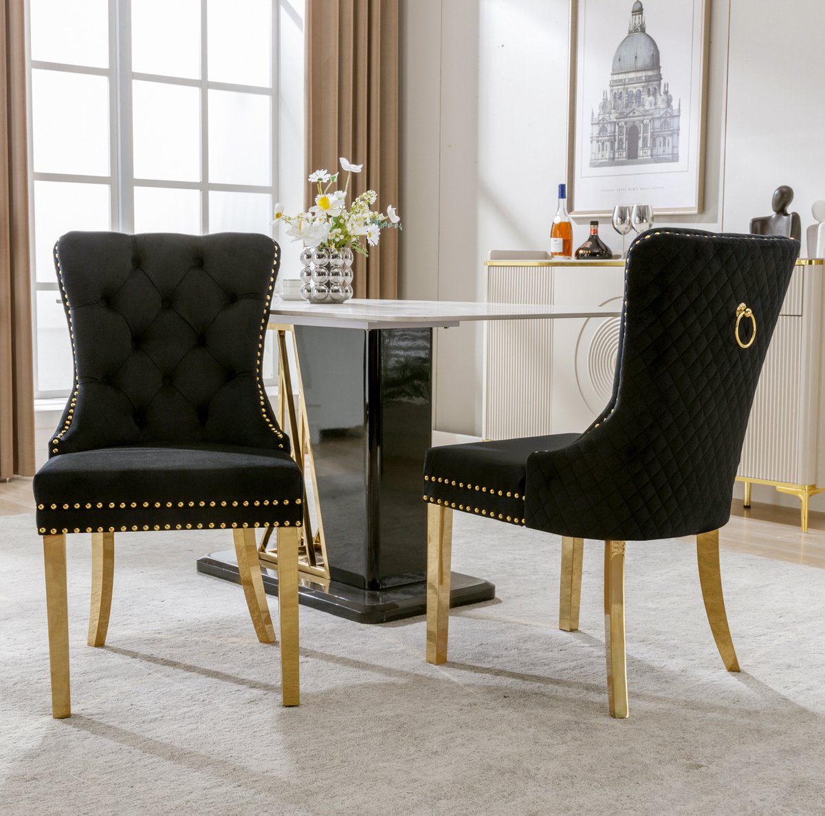 DESMIU Eetkamerstoel 50,5 x 45 x 95 cm - Set Van 2 Met Ronde Trek Ring, Nagelkopbeslag En Goudkleurige RVS Poten - Voor Eetkamer Keuken Woonkamer - Velvet Zwart
