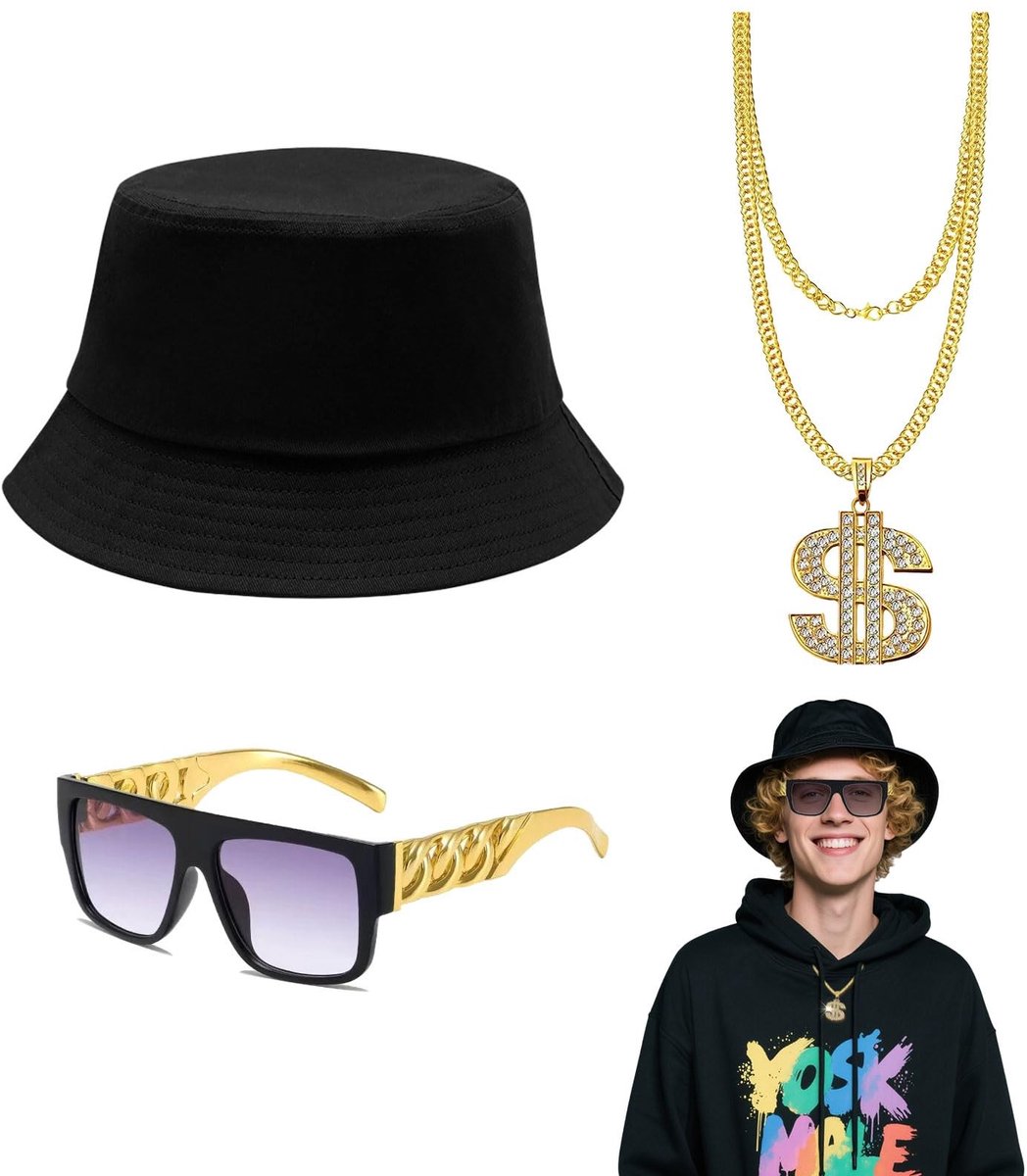 SMOAKEZ- Pooierkostuum 3-delig - Hiphop Kostuumaccessoires - Dollar Ketting - Zonnebril - Bucket Hoed - Polyester/Legering - Hiphopkostuum