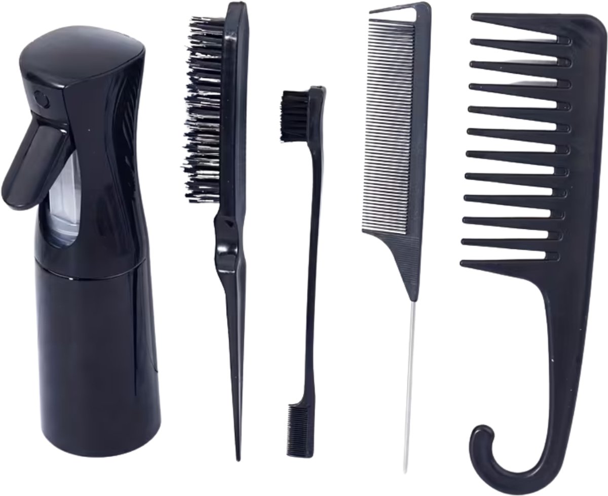 FA-VE Slick Back Set – 5-delige Haarstyling Set met Sprayfles – Slick Back Brush – Toupeerkam – Stylingborstel – Baby Hair Borstel – Zwart