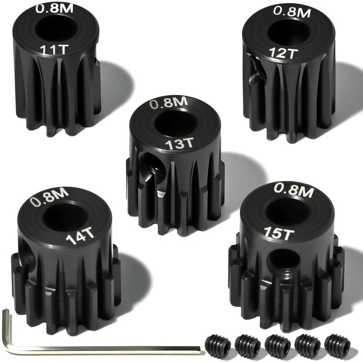 Dailygoods- Tandwielset 5-delig - Geharde Staal - 11T/12T/13T/14T/15T - M4-Schroef - Inbussleutel - Compatibel met 1/10 RC-Car - Tandwielen