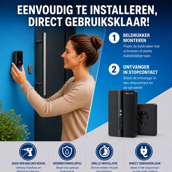 Bell4U Kinetische Draadloze Deurbel Zonder Batterijen - Plug & Play - 4 Ontvangers - Waterdicht - Bereik Tot 100 Meter — afbeelding 3