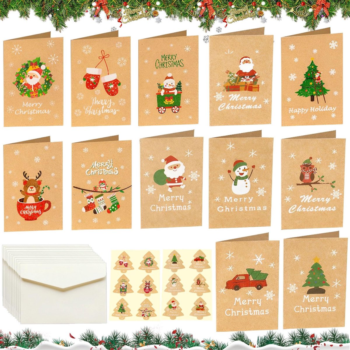 Dailygoods - Seasboes Kerstkaarten met enveloppenset, 12 stuks kerstkaarten, ansichtkaarten, kerstkaarten met stickers voor je kerstgroeten