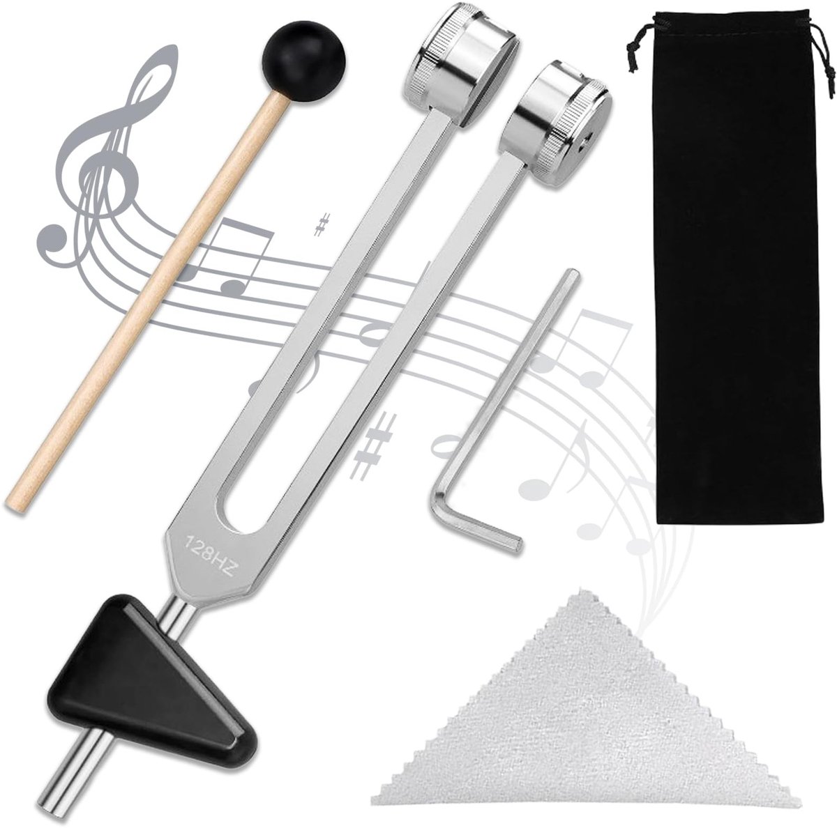 Dailygoods- Stemvork 128 Hz - Zilver Aluminiumlegering - Stemvork met Siliconen Hamer - Reinigingsdoekje - Draagtas van Flanel - Duurzaam en Corrosiebestendig - Therapiehulp