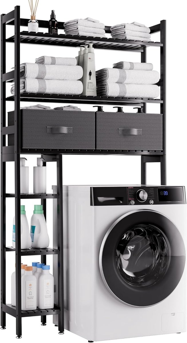 Badkamer Opbergrek met Lade, Bamboe Over-Te-Toilet Opbergrek, Vrijstaande Toilet Ruimtebespaarder met 3-Tier Verstelbare Planken (Zwart)
