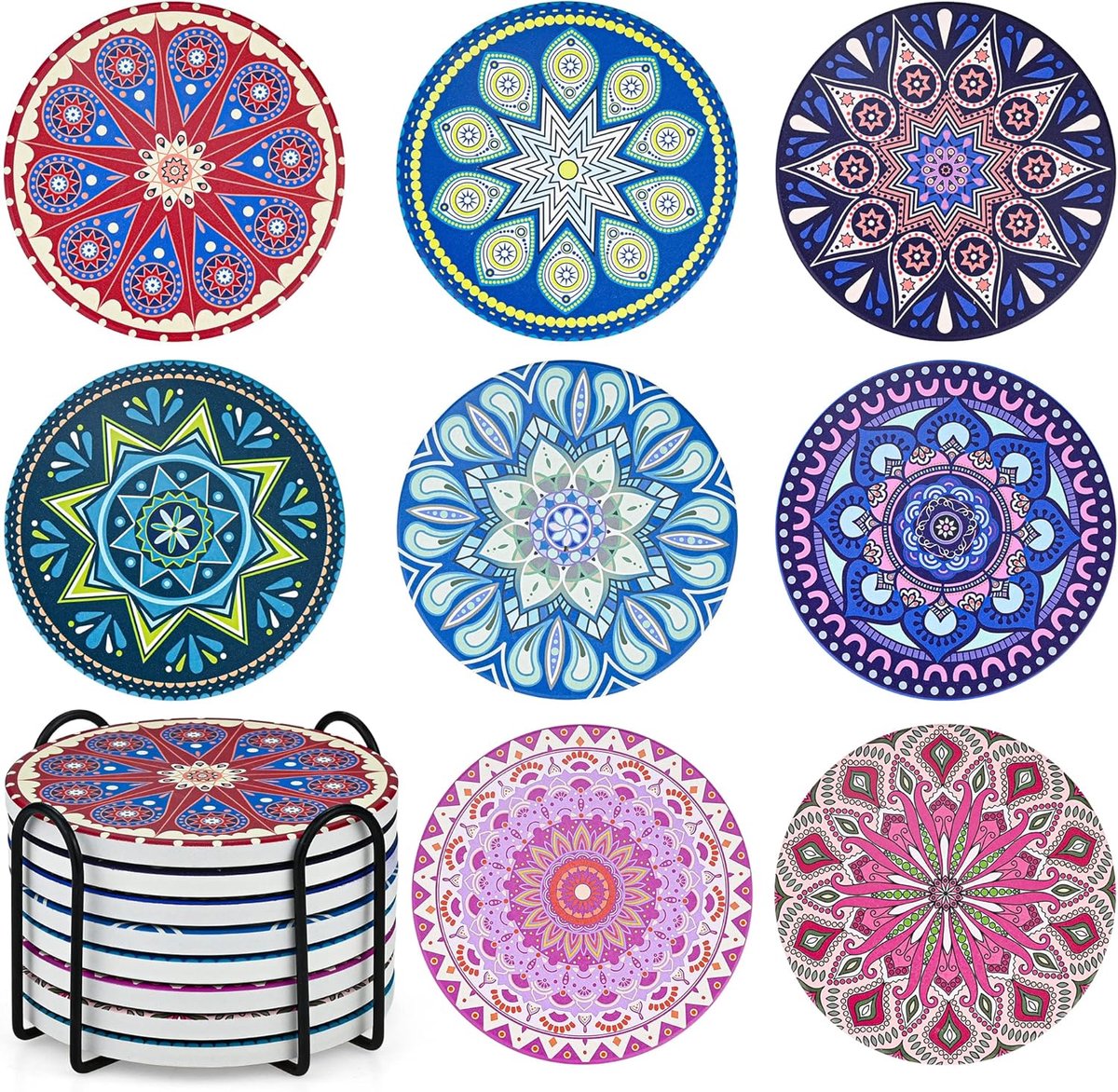 Onderzetters, set van 8, keramische ronde onderzetters met houder, absorberende onderzetterset met antislip kurkbasis en keramische stenen bekerpad voor kopjes, mok, wijnglas, thuis, keuken en — cadeau in Wonen & Interieur - foto 3