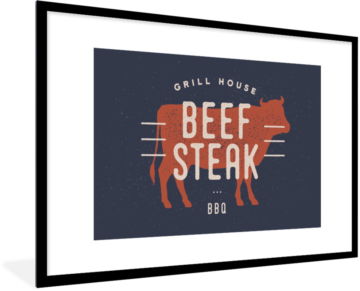 Poster in lijst - Fotolijst 90x60 cm - Posters - Mancave - Biefstuk - BBQ - Posterlijst zw