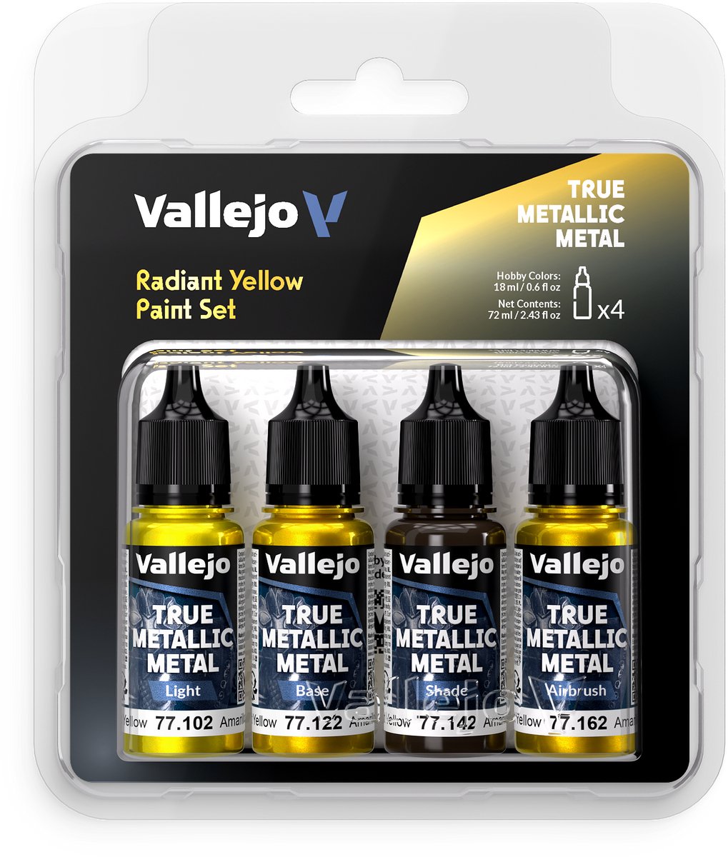 Vallejo Hobbyverf Acrylverf - 77259 True Metallic Metal - Stralend Geel - Acryl Set 4x Verf set - 4x 18 ml