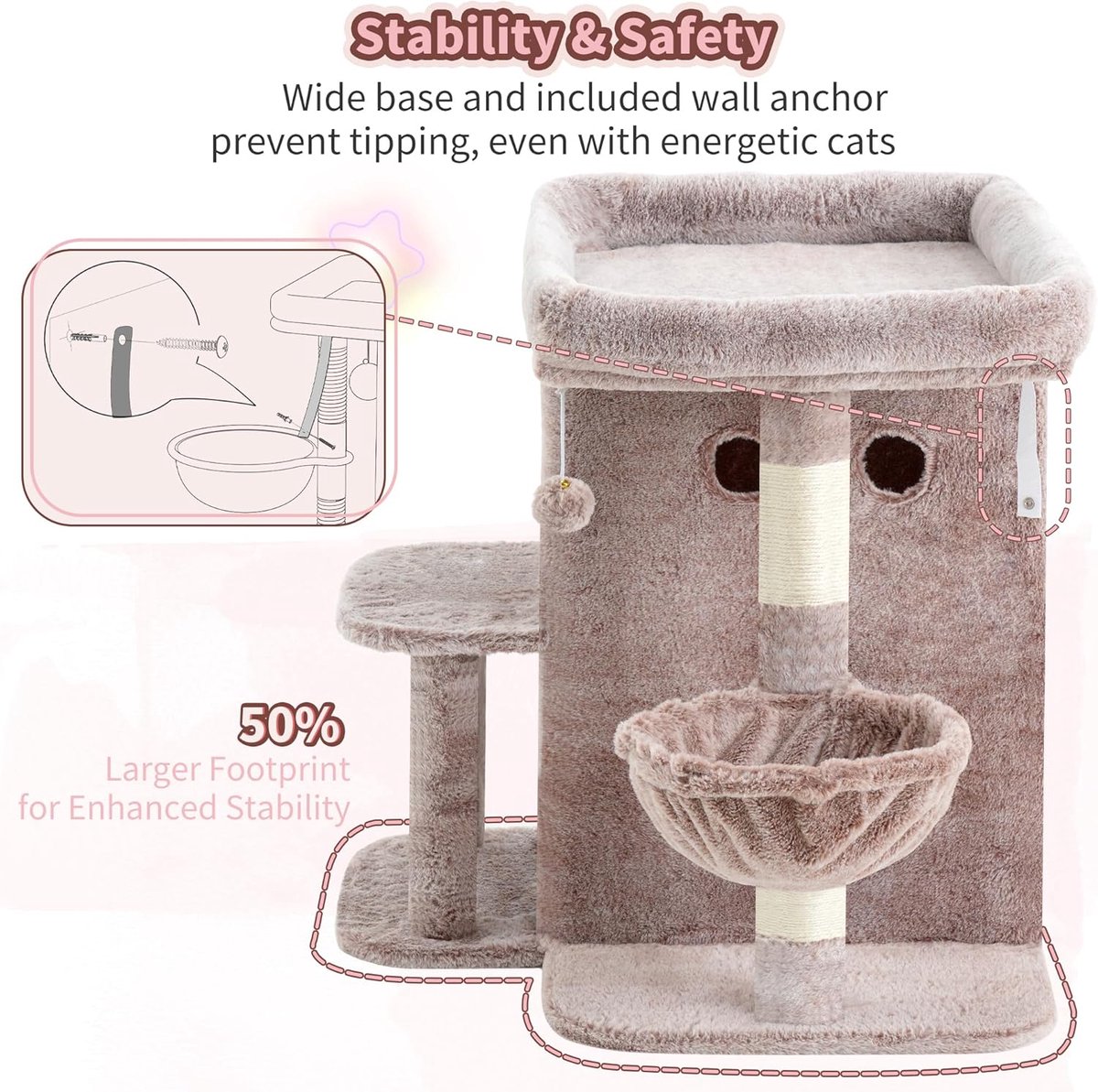 HCT204SMU Krabpaal, 65 cm hoge kattenboom met extra groot platform, gelaagd kattenmeubel met tweepersoonshuis, inclusief sisal-krabzuil, kattenmand en speelgoed voor katten, bruin-beige thumbnail 4