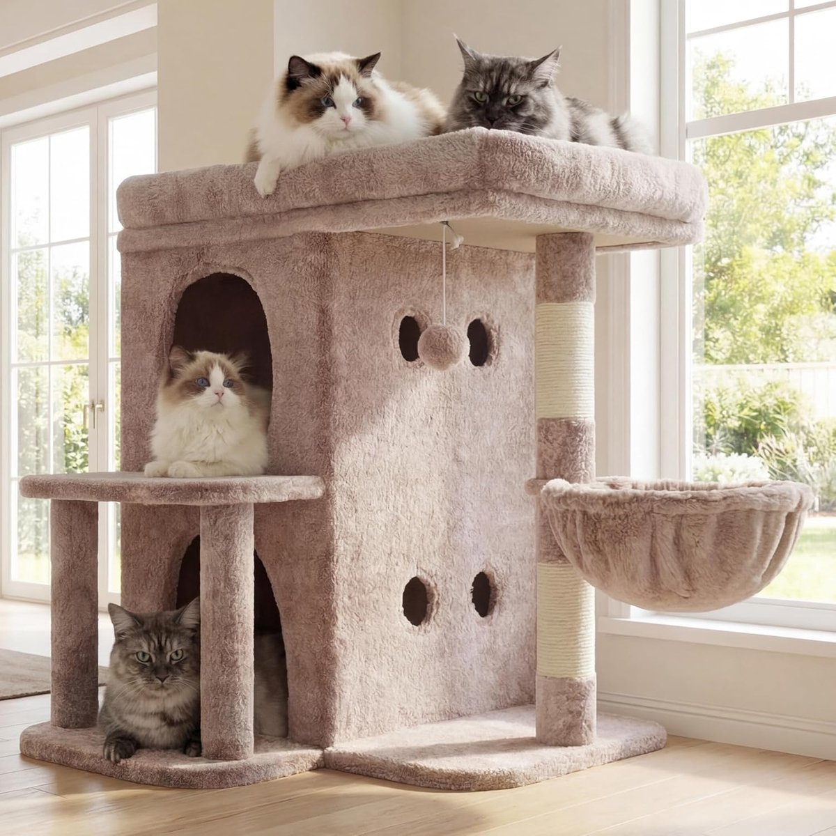HCT204SMU Krabpaal, 65 cm hoge kattenboom met extra groot platform, gelaagd kattenmeubel met tweepersoonshuis, inclusief sisal-krabzuil, kattenmand en speelgoed voor katten, bruin-beige