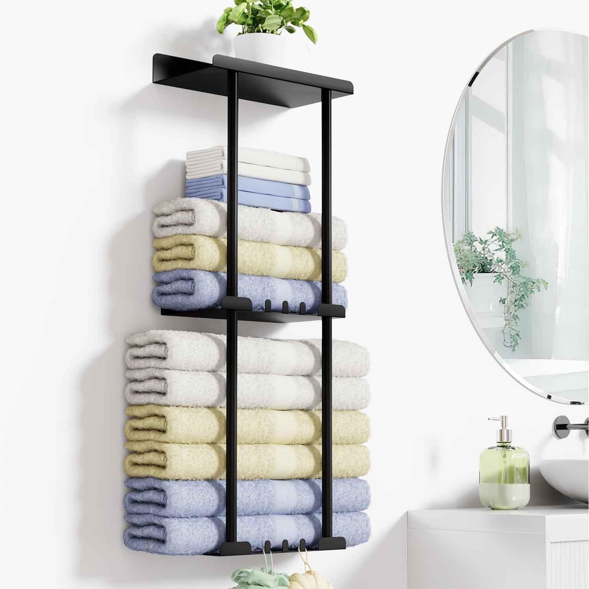 Handdoekhouder zonder boren, wandhanddoekhouder, badkamerhanddoekenrek, mat zwart, gastendoekhouder met 6 handdoekhaken en wandrek, voor badkamer, keuken, zwart
