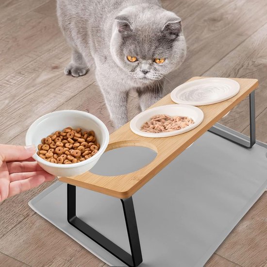 Verhoogde kattenbak, set van 3 keramische voerbakken met bakonderlegger, siliconen - 15° gekanteld voederstation hondenbak, voederbak en waterbak voor katten en kleine honden — afbeelding 5