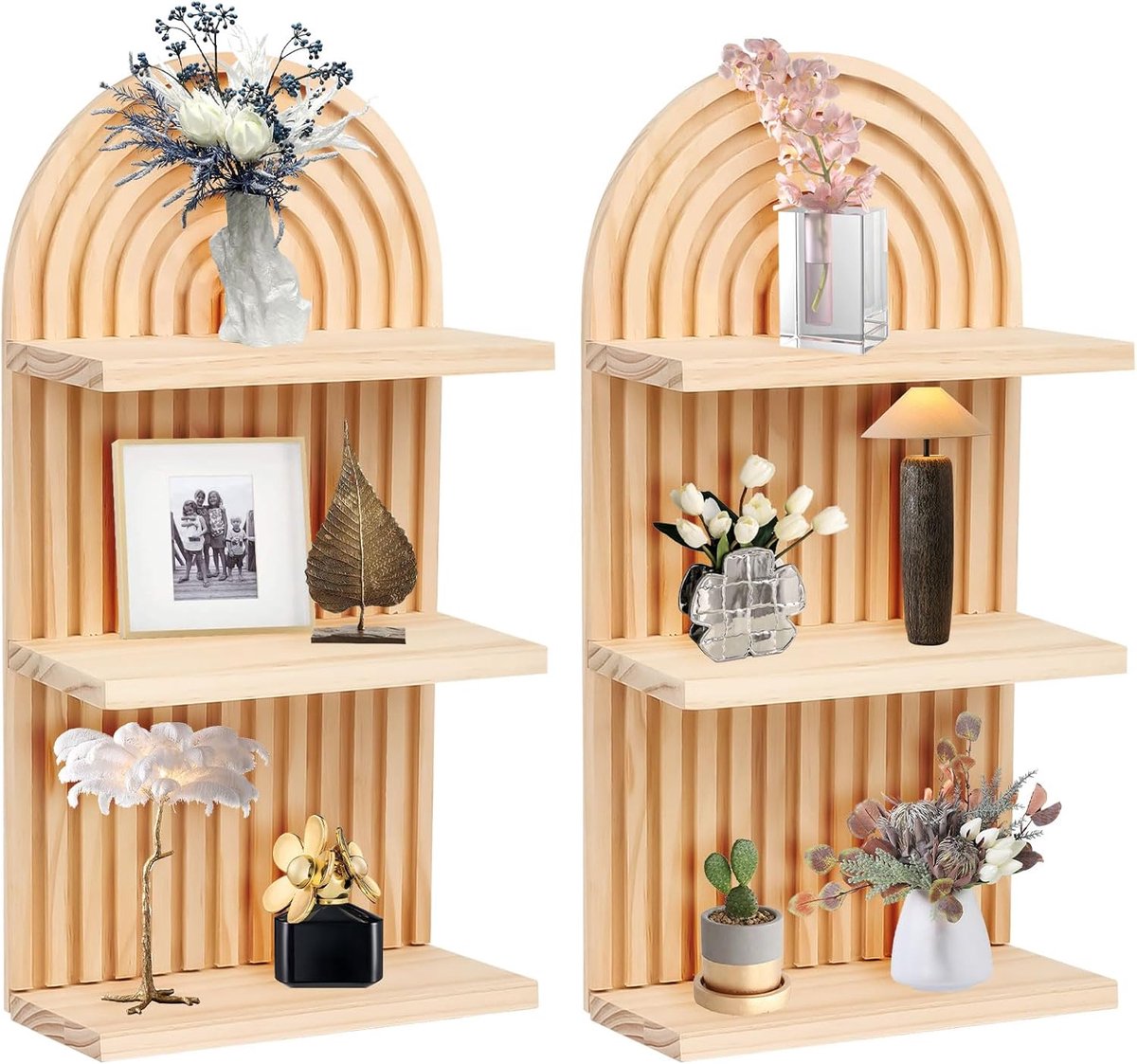 2 stuks wandplanken, houten boho wanddecoratie, regenbooghout boho, 3-laags wandplank, kleine decoratie voor kinderkamer, slaapkamer, woonkamer, badkamer (houtkleur)