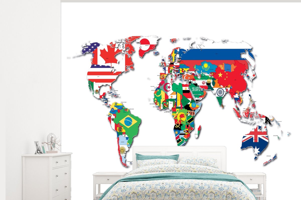 Behang - Fotobehang Wereldkaart - Vlaggen - Trendy - Breedte 275 cm x hoogte 220 cm