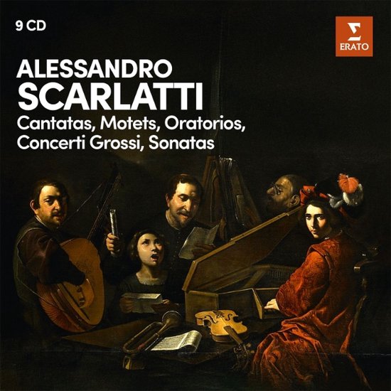 Boekcover van 9 CD's met Alessandro Scarlatti's Cantatas, Motets, Oratorios, Concerti Grossi, Sonatas. Een schilderij van muzikanten met instrumenten.