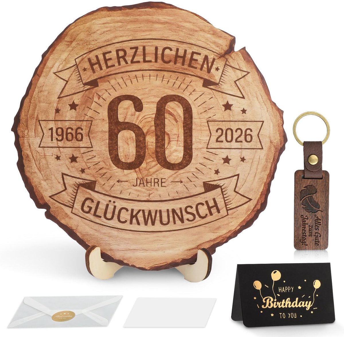 Dailygoods- Boomschijf 60e Verjaardag - Houten Plaat Ø 20 cm - Standaard - Sleutelhanger - Wenskaart met Envelop - Natuurlijk Hout