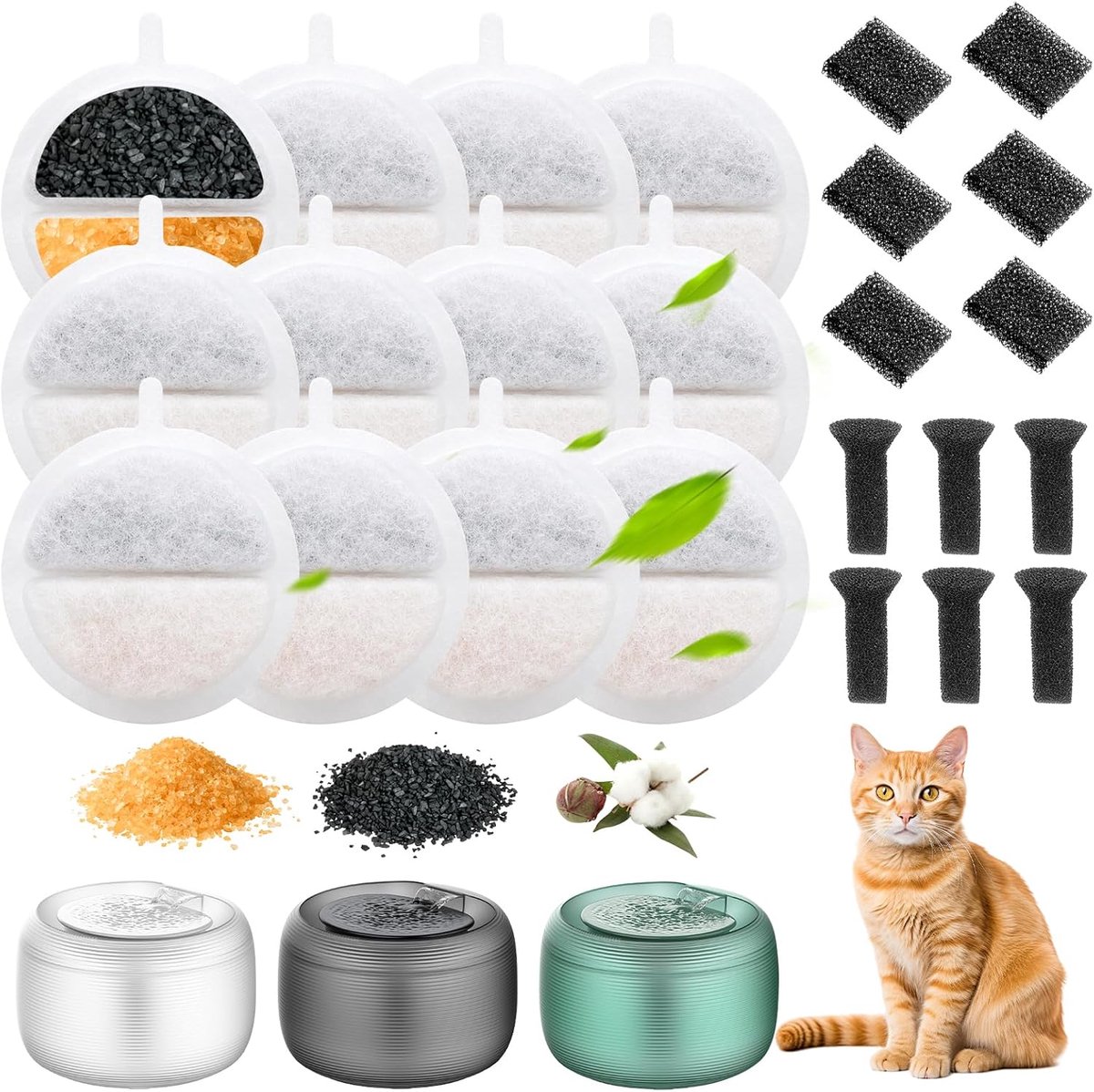 12 Kattenfonteinfilter voor Feelneedy F-016B, 6 Voorfilterspons en 6 Centra Geluidsabsorberende Spons, Waterfonteinfilter voor 84 Fl Oz/2,5 L Kattenfontein