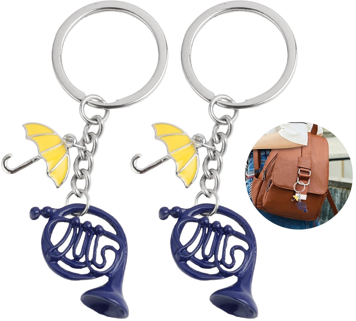Dailygoods- Sleutelhanger Set van 2 - Franse Hoorn/Gele Paraplu - Zinklegering - Duurzaam - Cadeau voor Serie Fans - Uniek Ontwerp - Sleutelhangertje