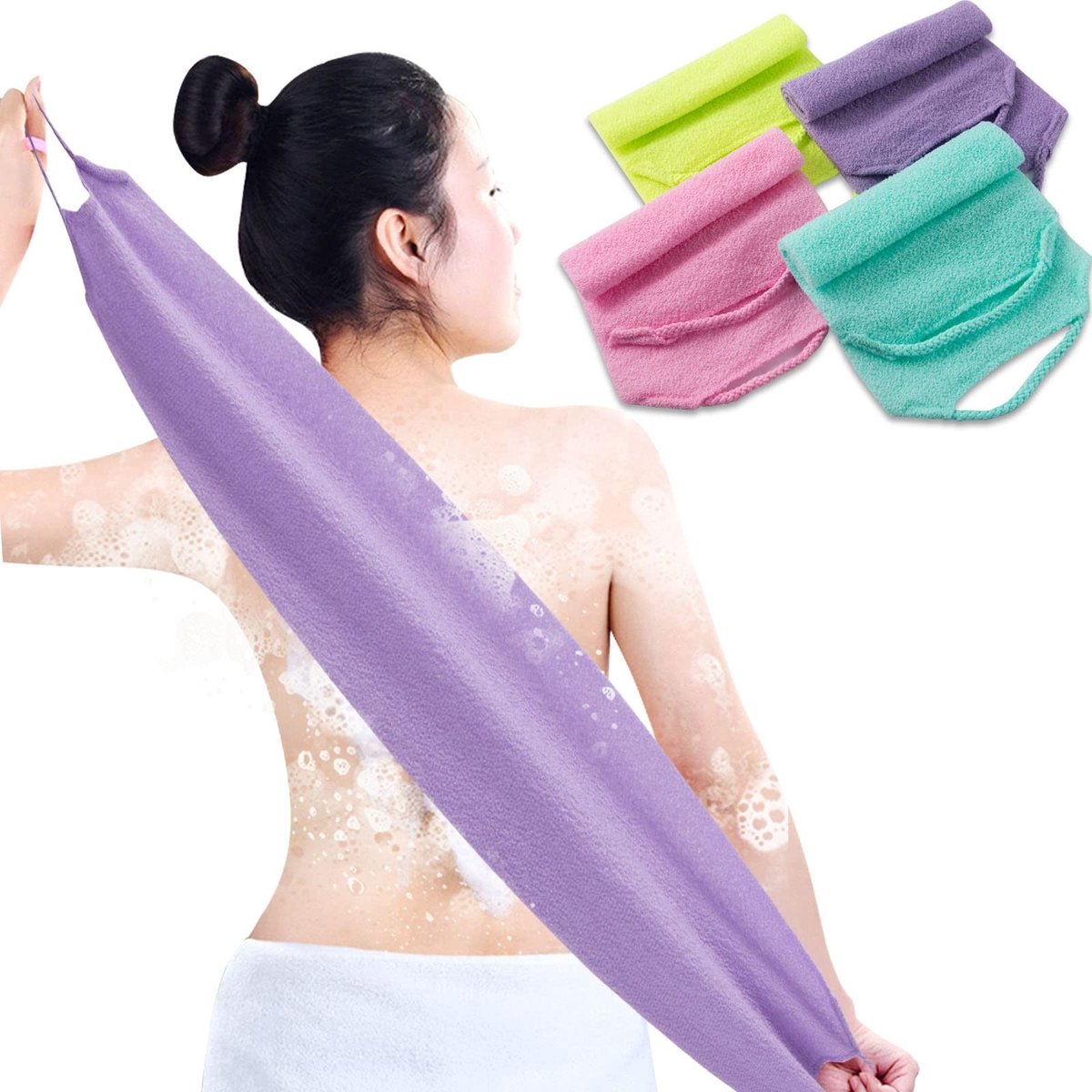 Dailygoods- Back Scrubber - 4 Stuks Exfoliërende Douchecrubber - Nylon Wasbaar - Handvatten - Rekbare Lichaamsreiniger - Effectieve Huidreiniging - Lichaamswashandje