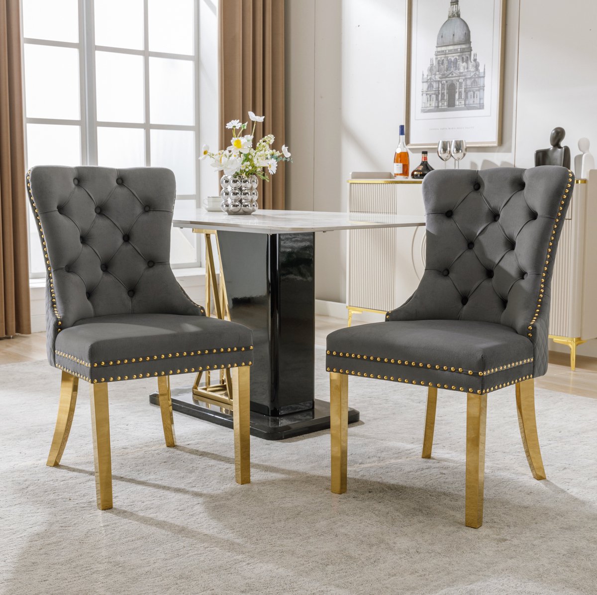 DESMIU Eetkamerstoel - Set Van 2 - Met Ronde Trek Ring En Gecapitonneerde Rug - Voor Eetkamer En Woonkamer - Velvet Grijs Goud